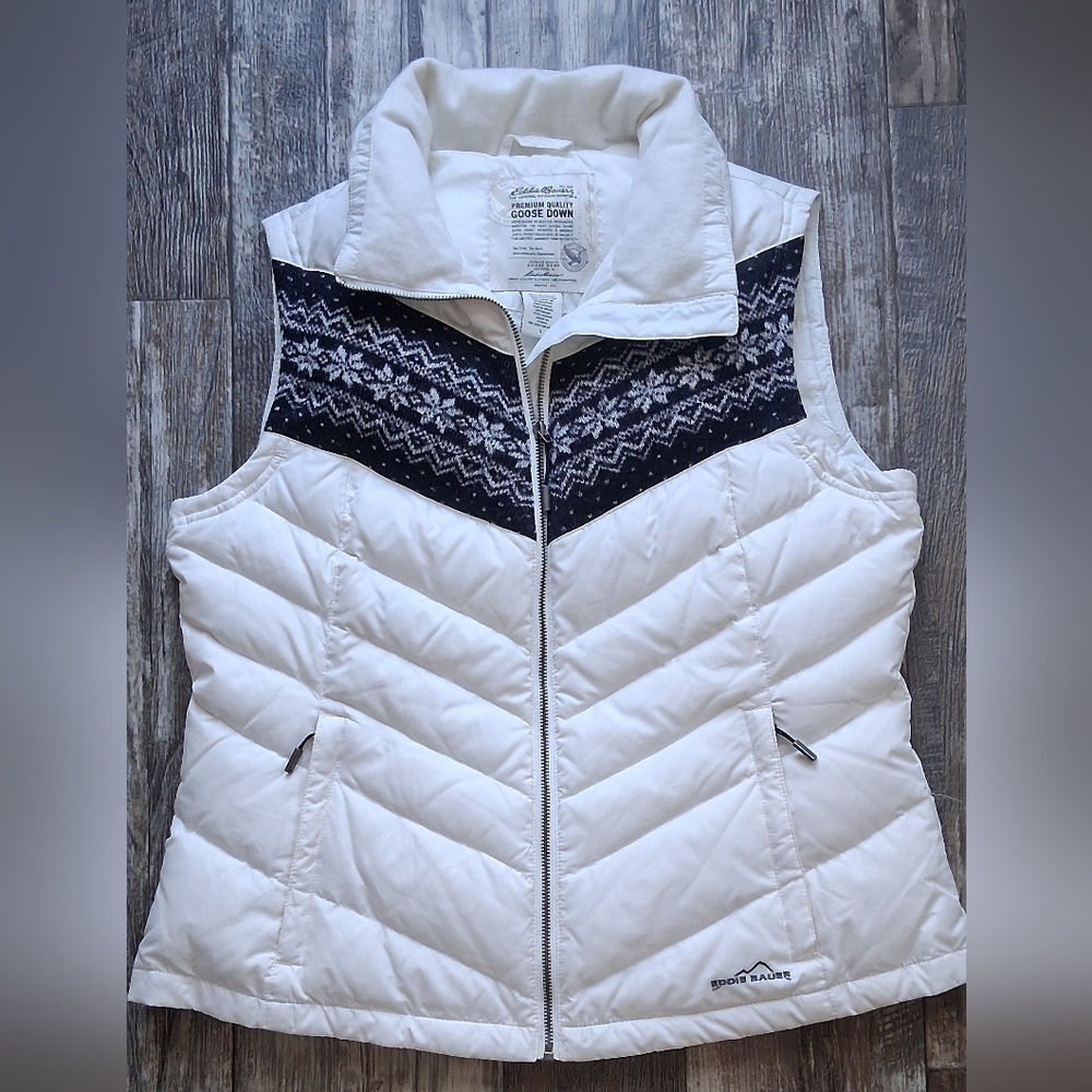 Eddie Bauer Women's White Down Puffer Vest with Nordic Yoke
